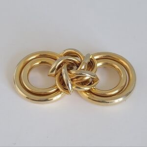 Vintage Mid Century Chunky Gold Tone Double Circle Bow Flower Brooch Pin
